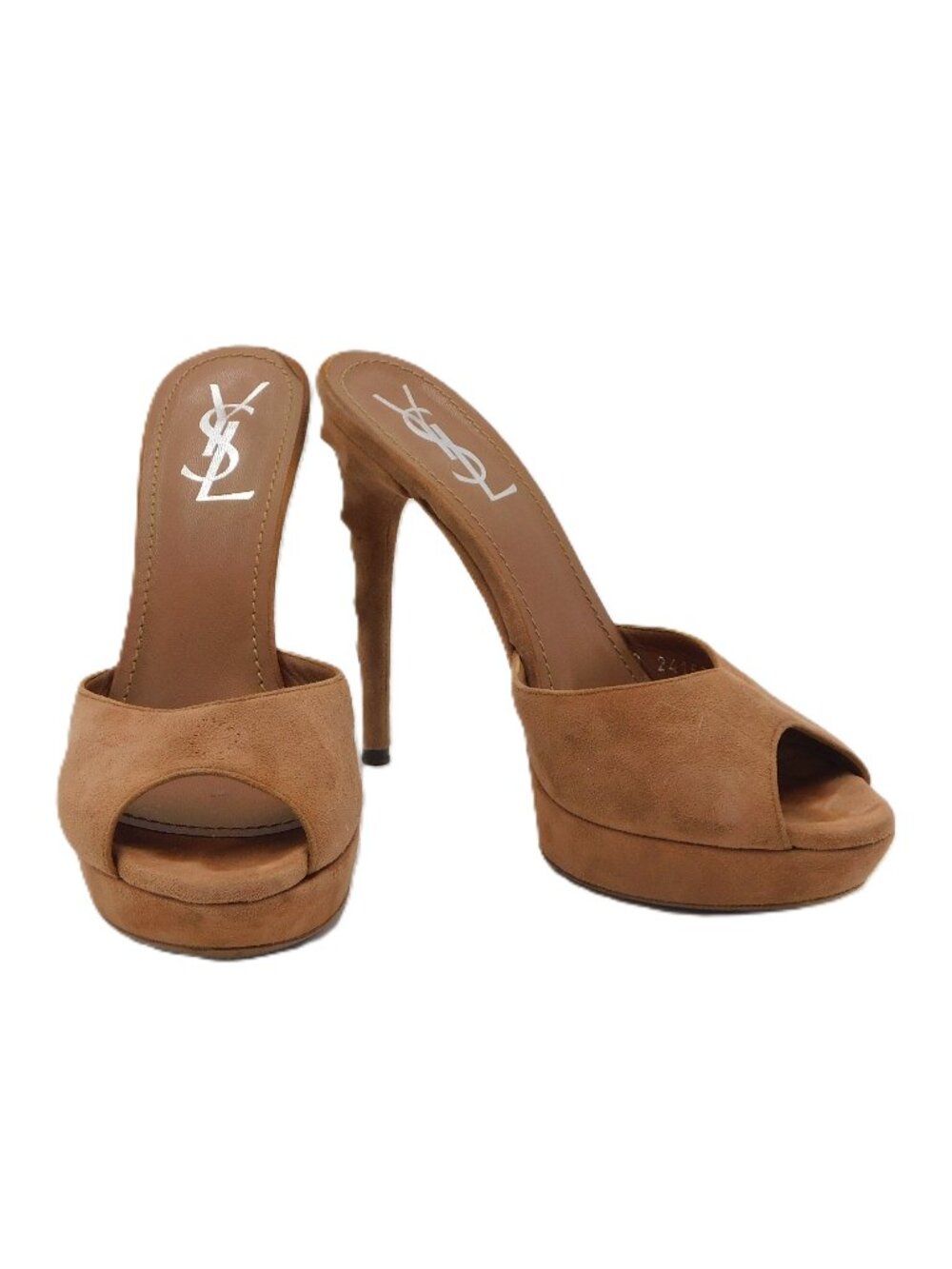 Saint Laurent YSL Open Toe Thorn Heel Tan Suede High Heel Sandals | GUC | 37 US